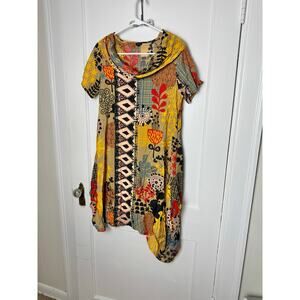 Shana Boho Cowl Neck Patchwork Floral Shark Bite Dress Art to Wear Colorful SZ S